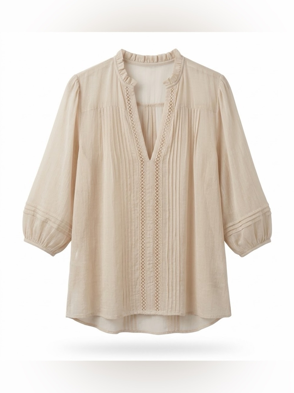 Cream Pintuck Peasant Tunic with Lace-Trim